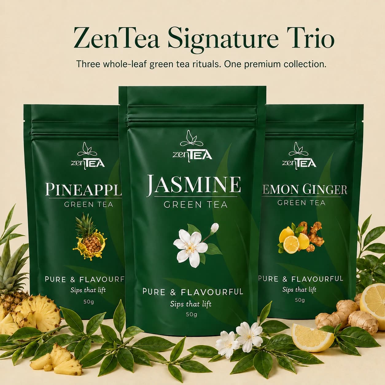 Signature Trio — Pineapple, Jasmine, and Lemon Ginger green tea packs